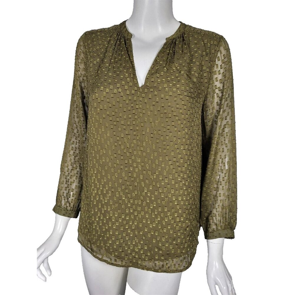 J CREW Olive Green Silk Textured Clip Dot Split Neck Blouse Top sz 4